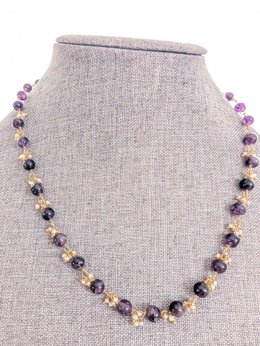 Vintage Gold Tone Amethyst Stone Beaded Seed Pearl Elegant Classic Necklace